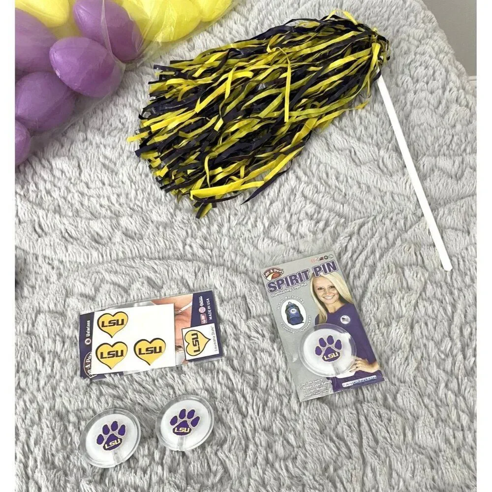 LSU Themed Party Supplies Pack, Basket. Balls, Clappers, Shaker, Pins, Stickers